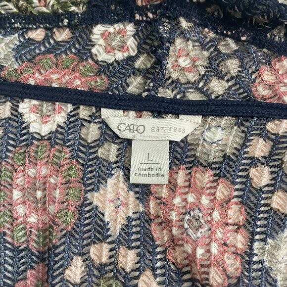 Cato Navy Blue Floral Sleeveless Long Open Vest Cardigan Uneven Hem Size Large - Picture 8 of 14